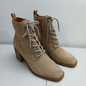 Lucky Brand Wadil Ankle Booties Dune Suede Lace-Up Block Heel Square Toe 9.5M